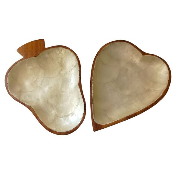 2 Capiz Shell Lined Monkey Pod Dish Set MCM Card Suit Bowls Acacia Spade Heart. - Picture 15 of 16